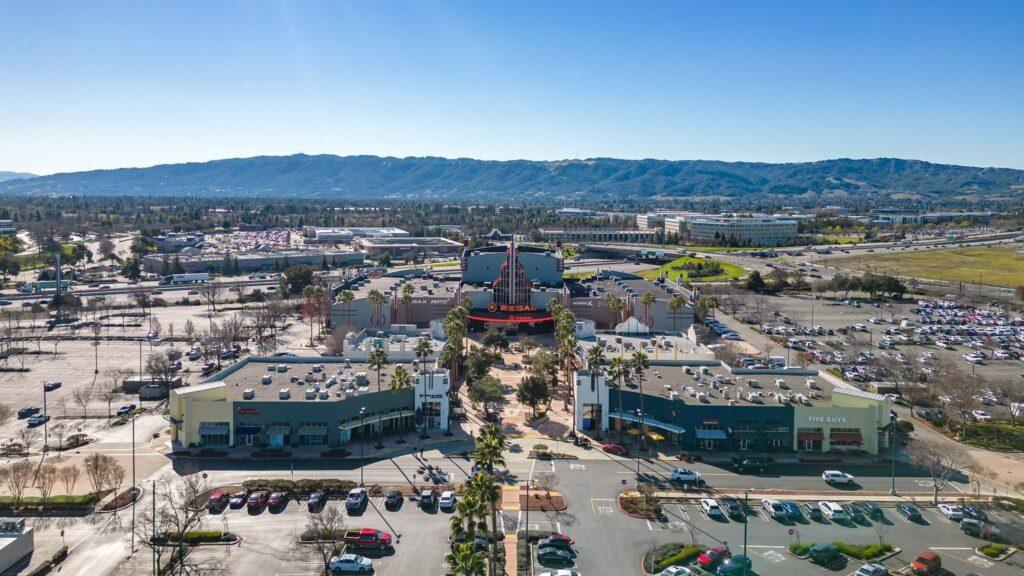 Aerial view of Hacienda Crossings shopping center in Dublin CA